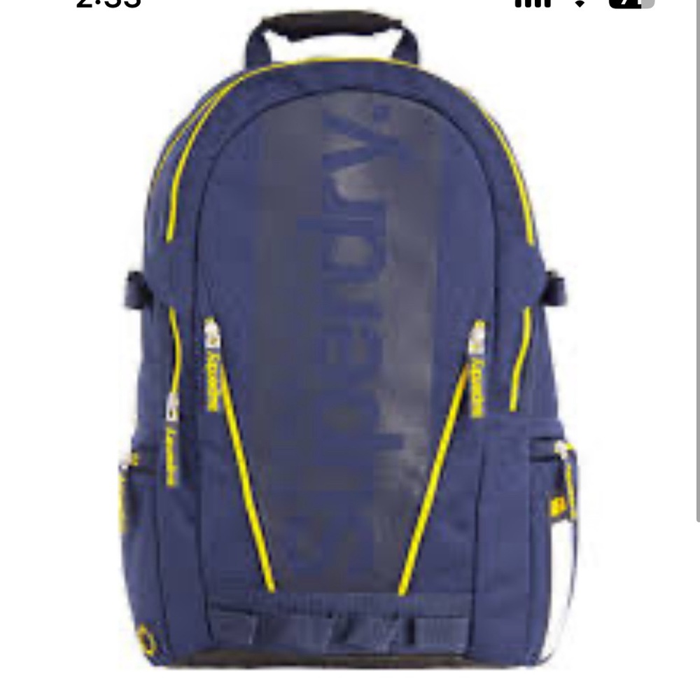 EUC Superdry Men's Backpack Diamond Tarp Dark Navy with Yellow Trim Used